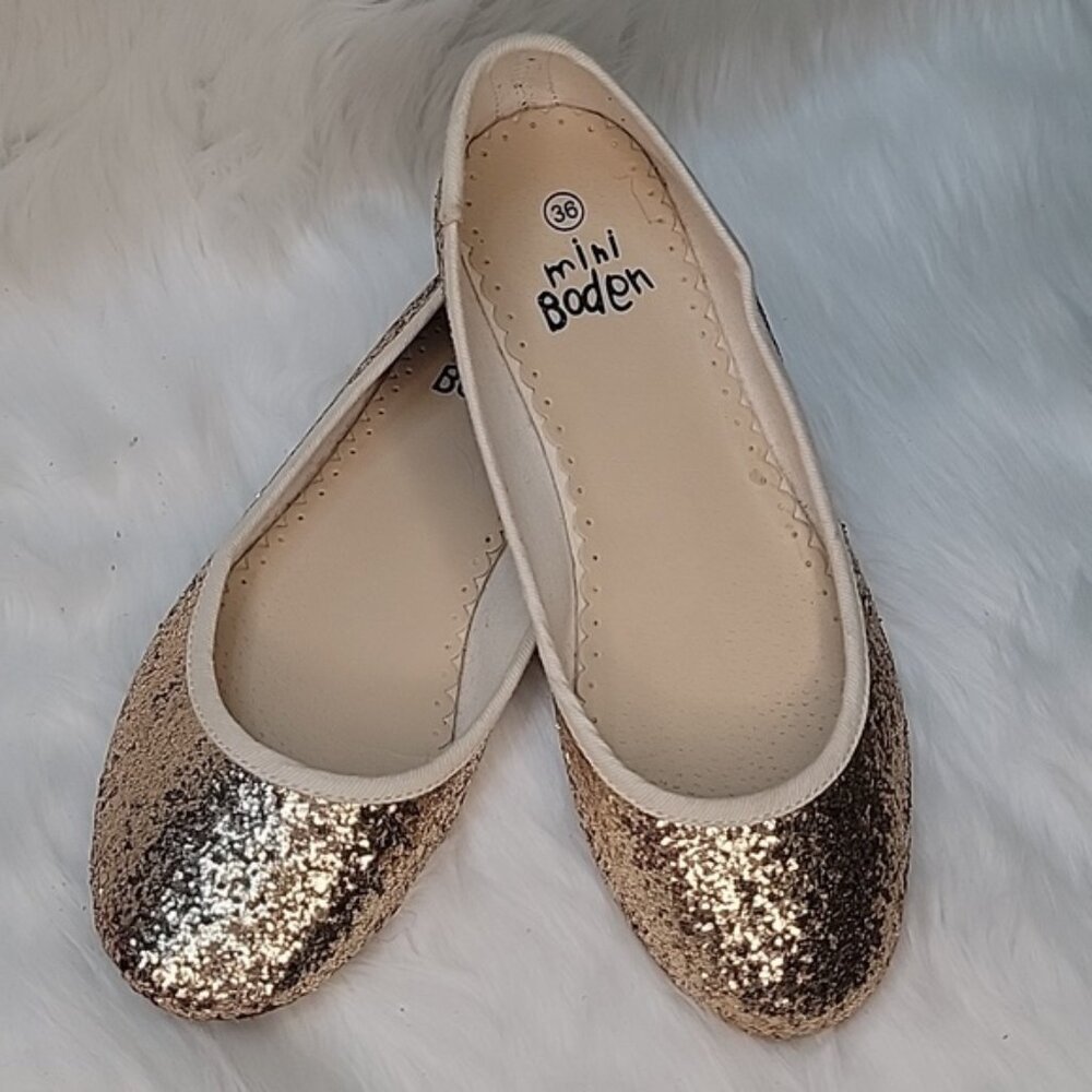 MINI BODEN Girl's Gold Glitter Sparkle Glam Holiday Party Slip On Ballet Flats 4